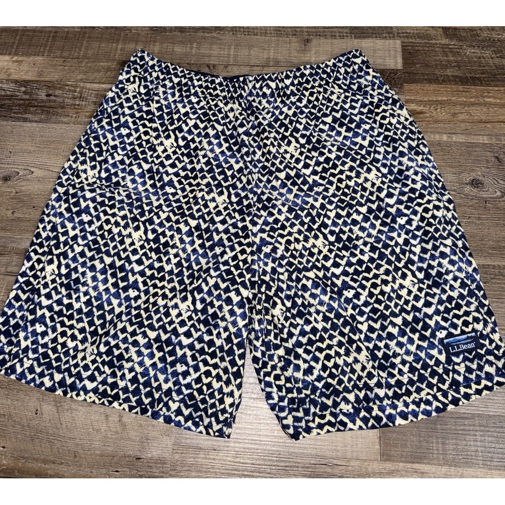 LL Bean Supplex Nylon Swim Trunks Large Blue Geometric Ikat Mesh Lined Shorts